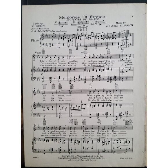 Antique 1928 Memories of France sheet music, Lyrics by Al Dubin Music by J Russe - Picture 3 of 6